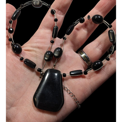 Gothic Black Cateye Glass Beaded Necklace With Geometric Pendant & Adjustable Chain