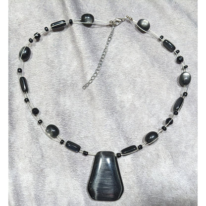 Gothic Black Cateye Glass Beaded Necklace With Geometric Pendant & Adjustable Chain