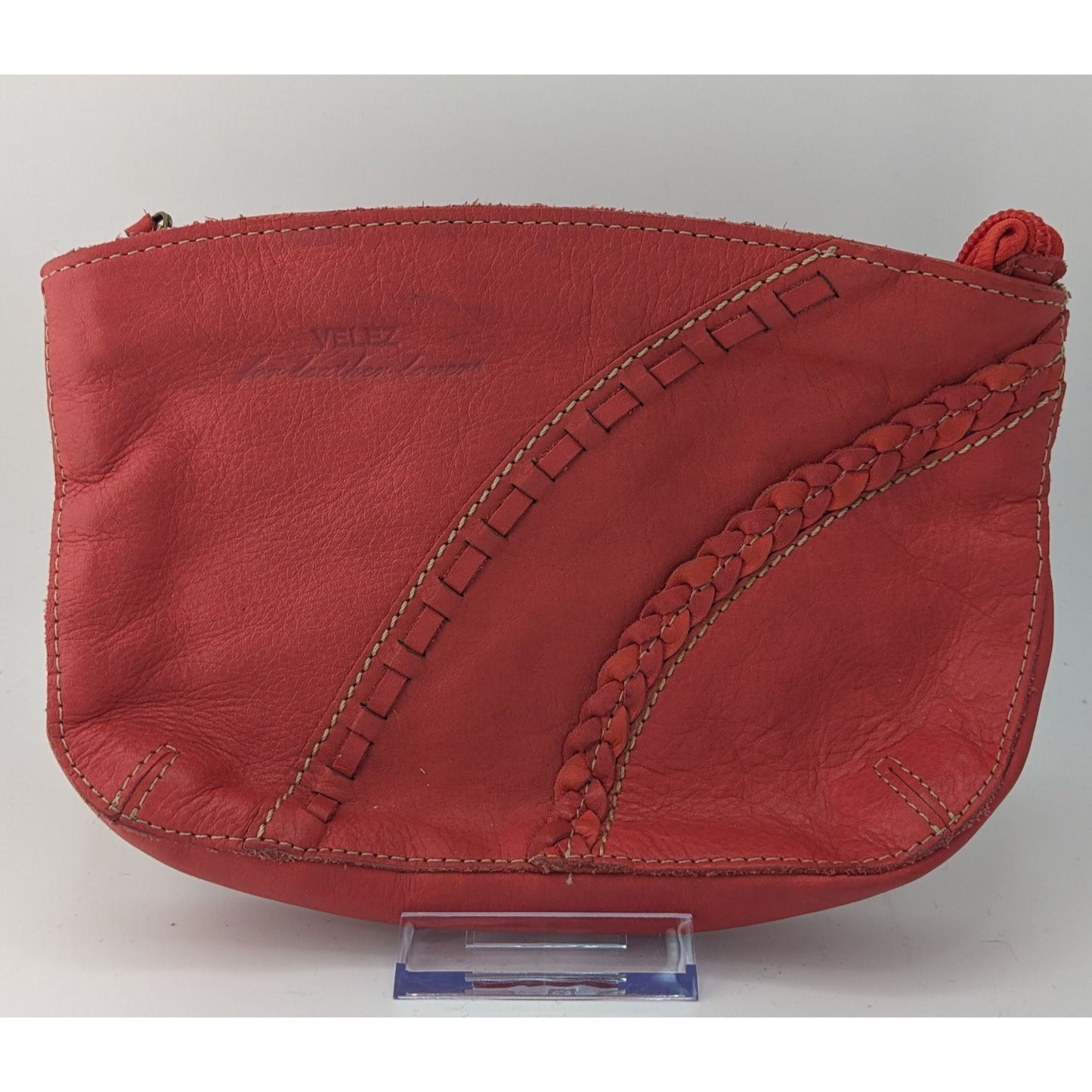 Vintage Velez Red Leather Wristlet With Braided Trim & Tassel 8.5x5 Inches