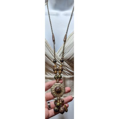 Vintage 80s Bohemian Metallic Beaded Tassel Necklace