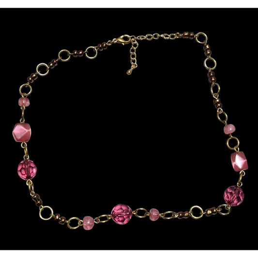 Pink And Gold Abstract Beaded Gem Necklace