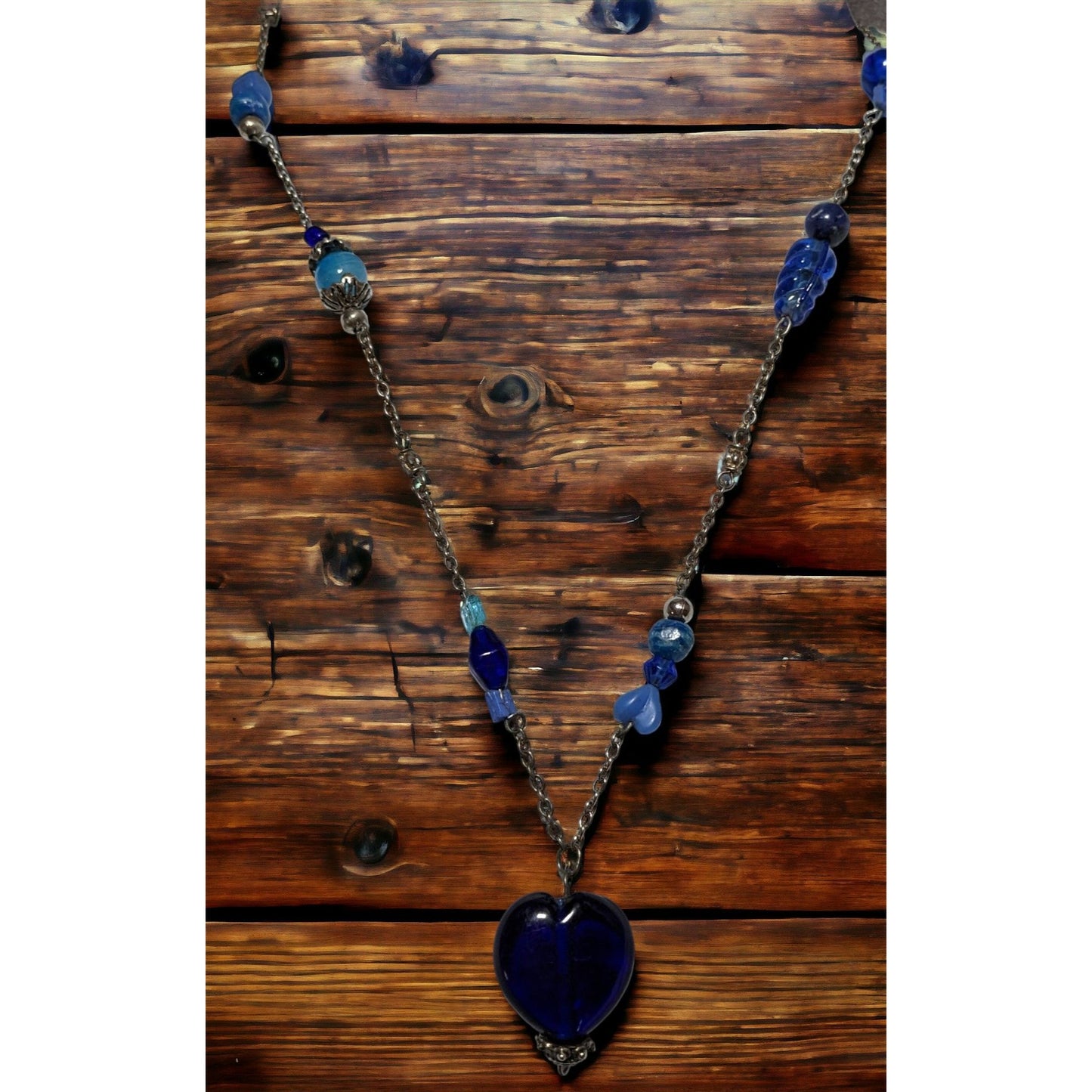 Cobalt Glass Beaded Heart Necklace
