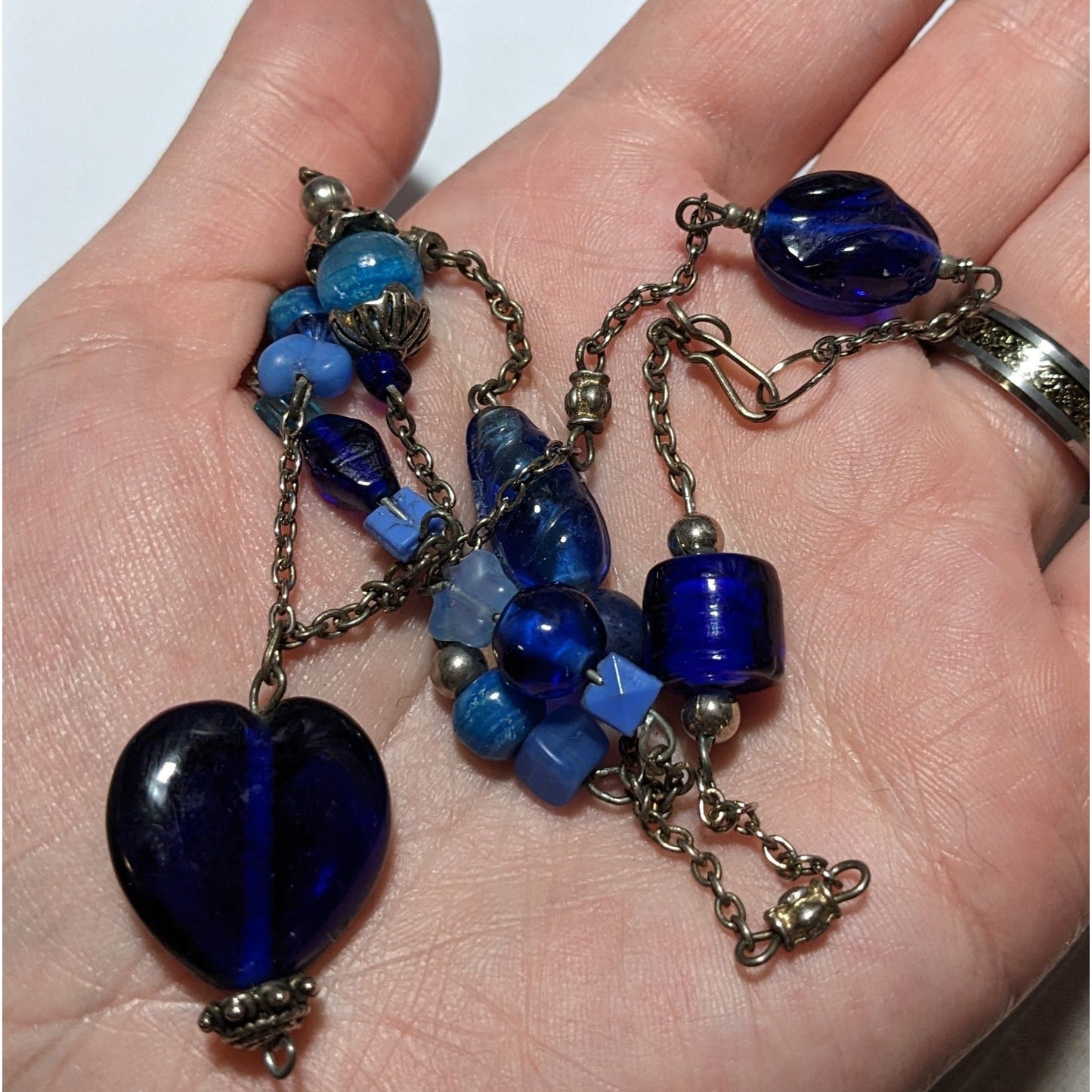 Cobalt Glass Beaded Heart Necklace