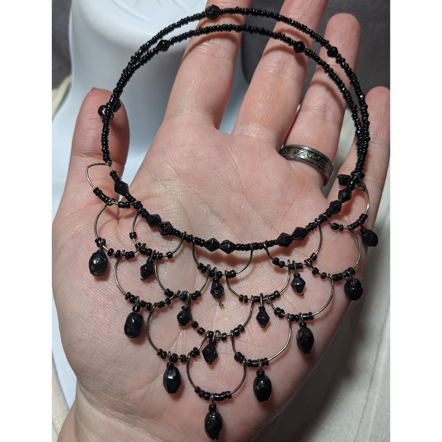 Gothic Beaded Cascade Coil Wire Necklace