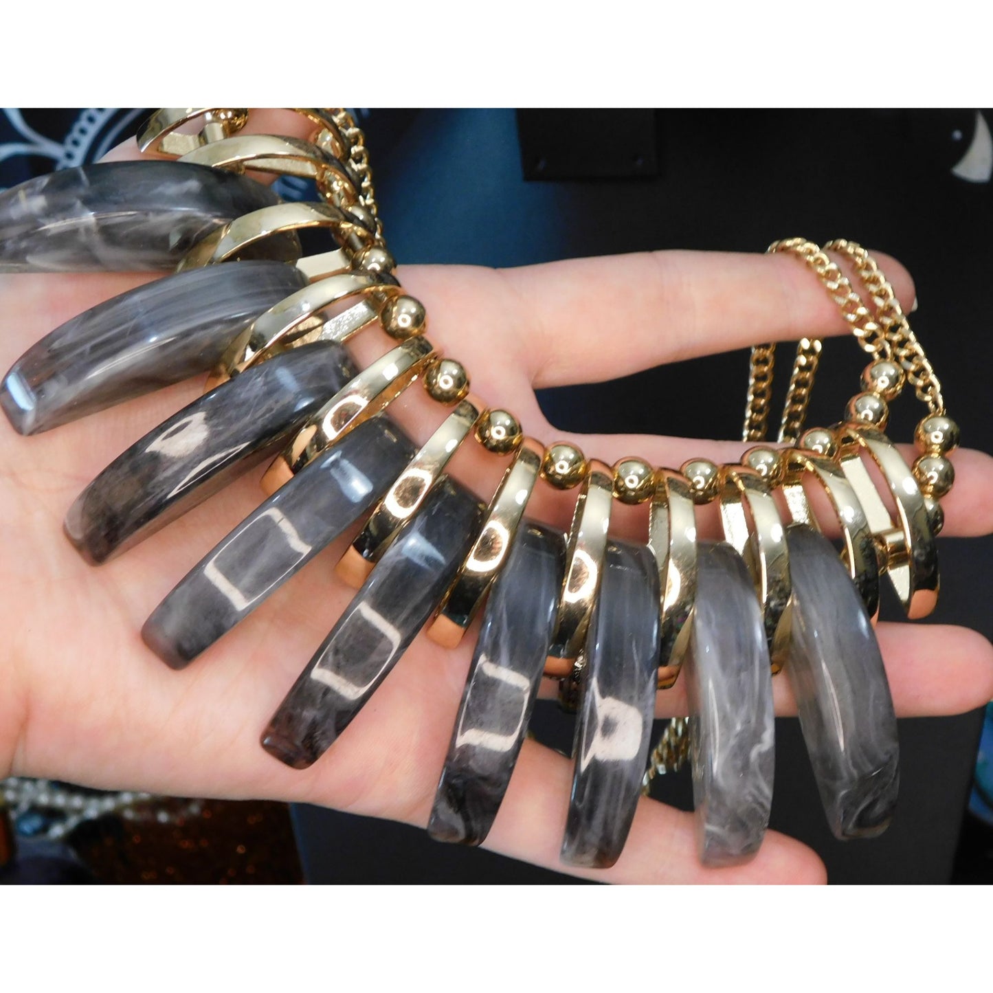 Abstract Grey And Gold Tone Statement Necklace