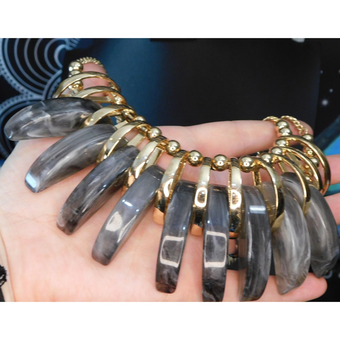Abstract Grey And Gold Tone Statement Necklace