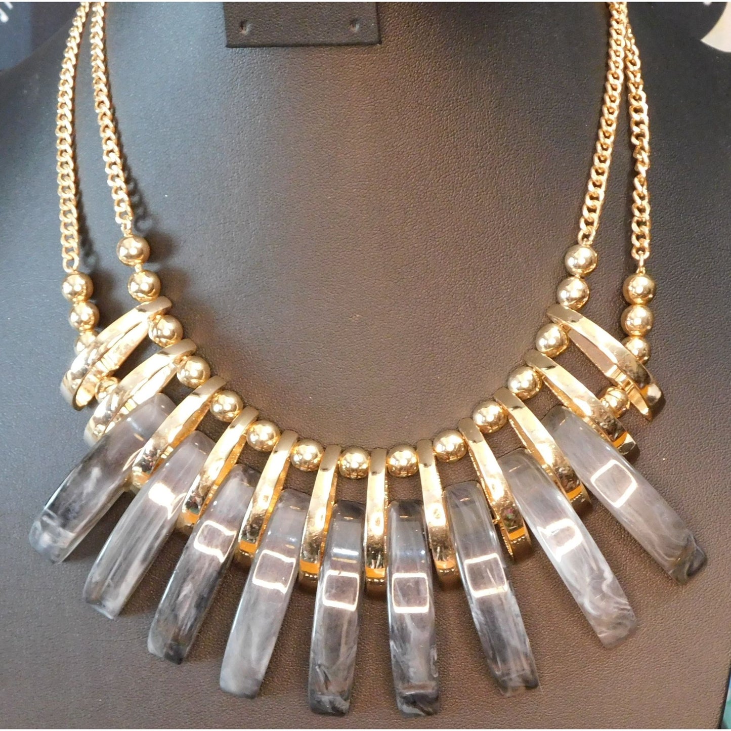 Abstract Grey And Gold Tone Statement Necklace