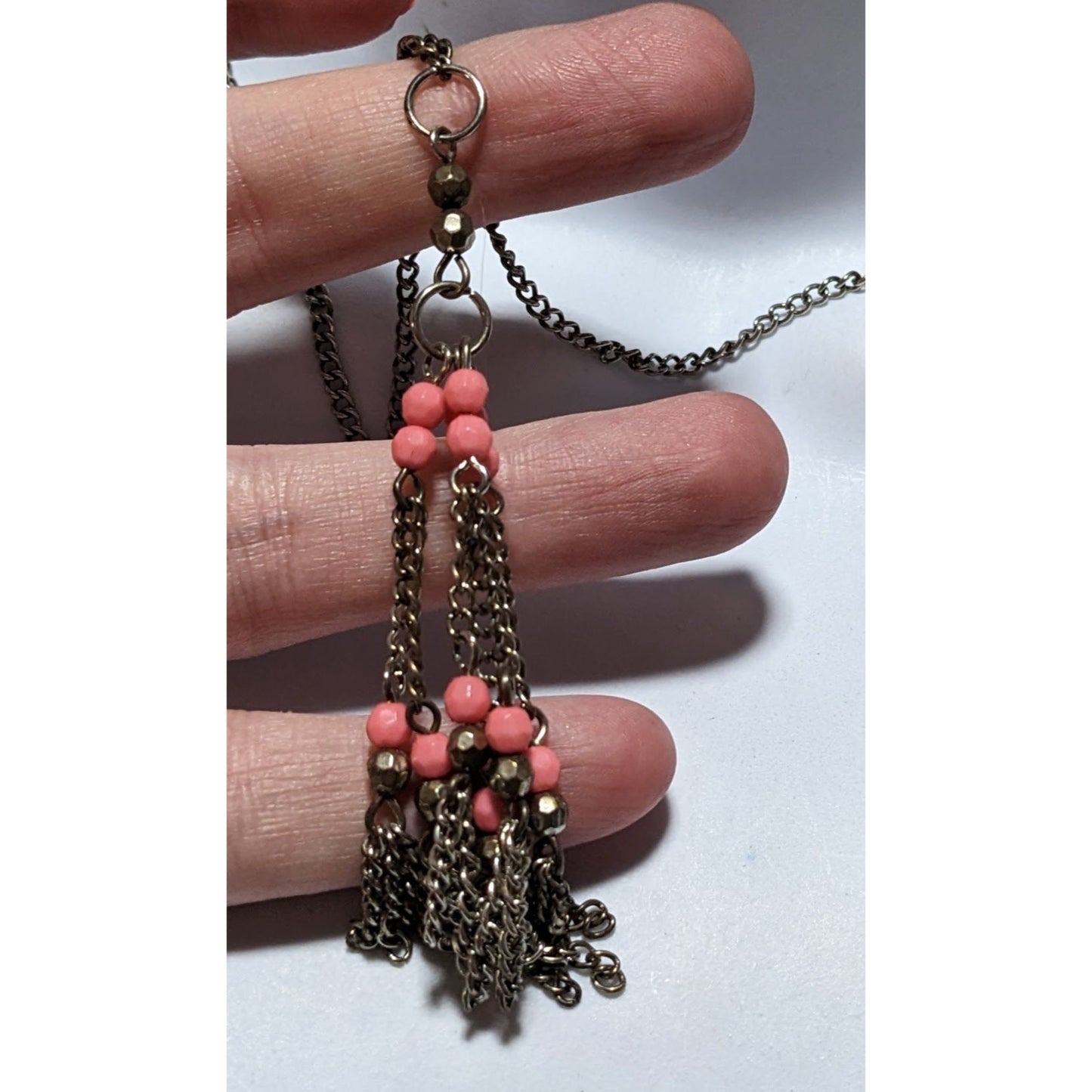 Pink And Silver Beaded Chain Tassel Necklace