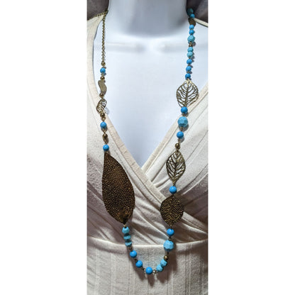 Blue And Gold Bohemian Beaded Feather Necklace