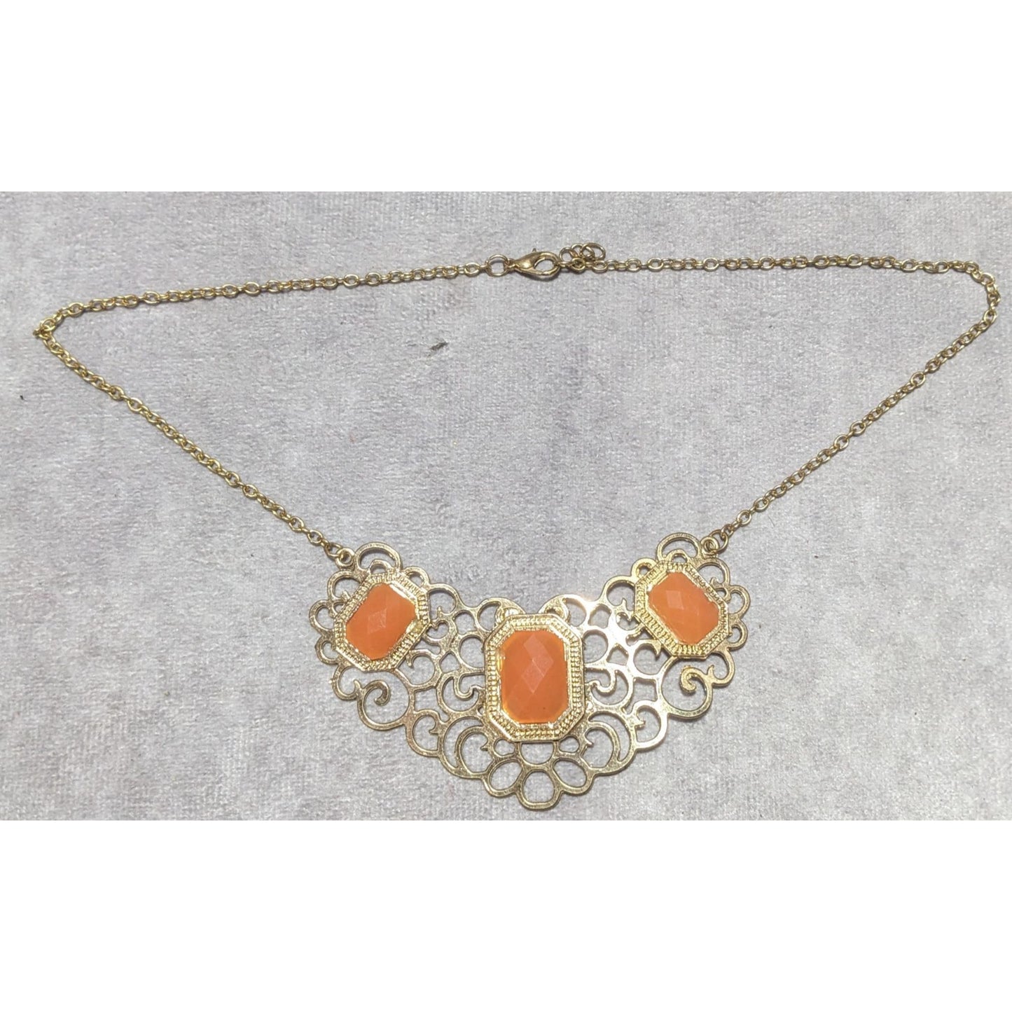 Vintage Gold Tone Filigree Necklace With Orange Stone Accents