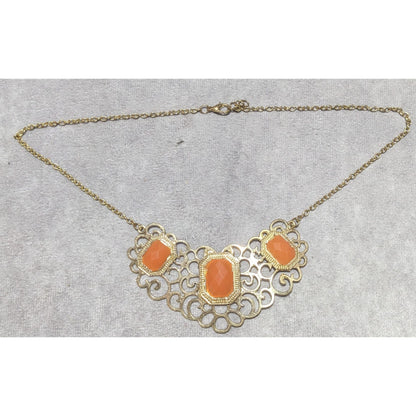 Vintage Gold Tone Filigree Necklace With Orange Stone Accents