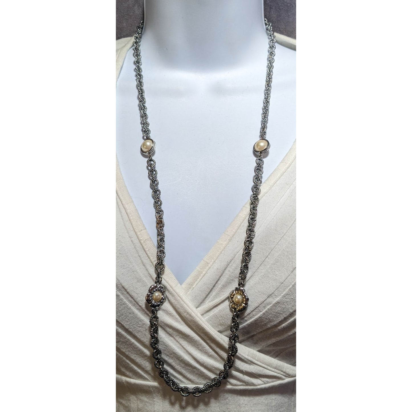 Vintage Liz Claiborne Silver Floral Pearl Chain Necklace