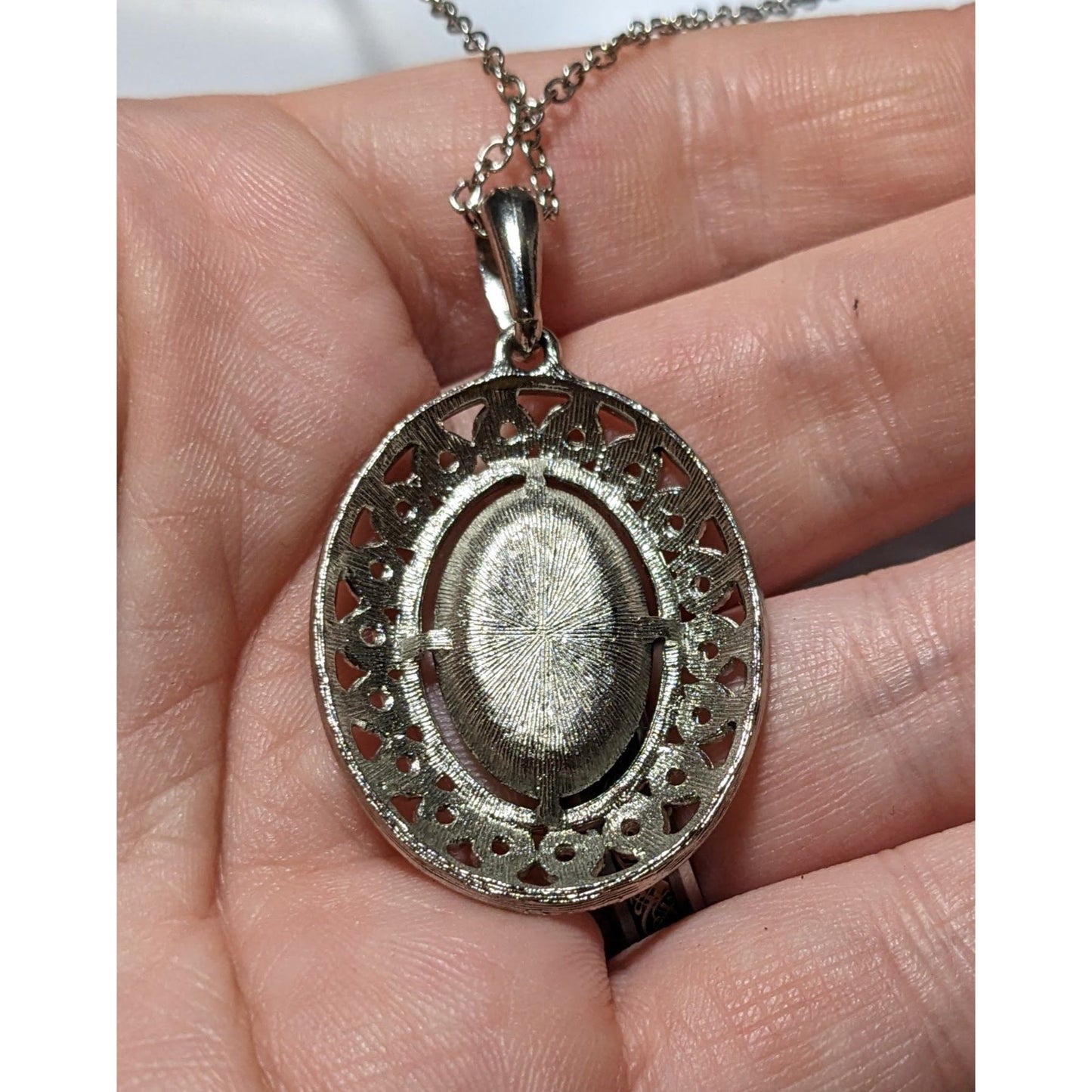 Engraved Retro Silver Oval Pendant Necklace