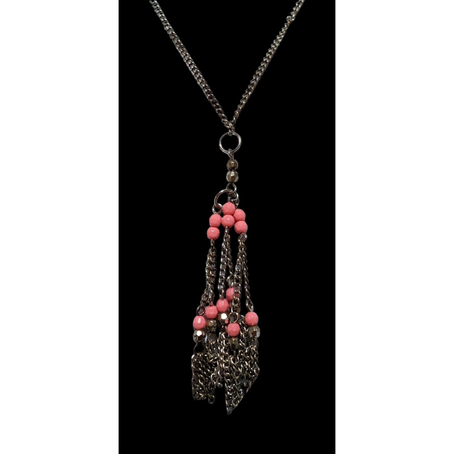 Pink And Silver Beaded Chain Tassel Necklace