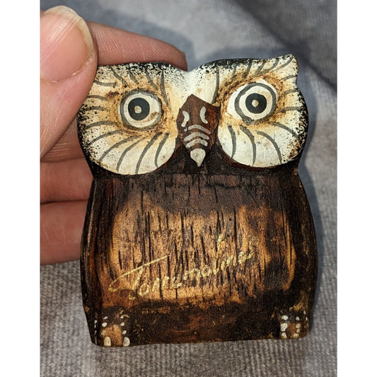 Woodland Folk Art Hand Carved Wood Brown Owl Figurine Signed 2 Inch