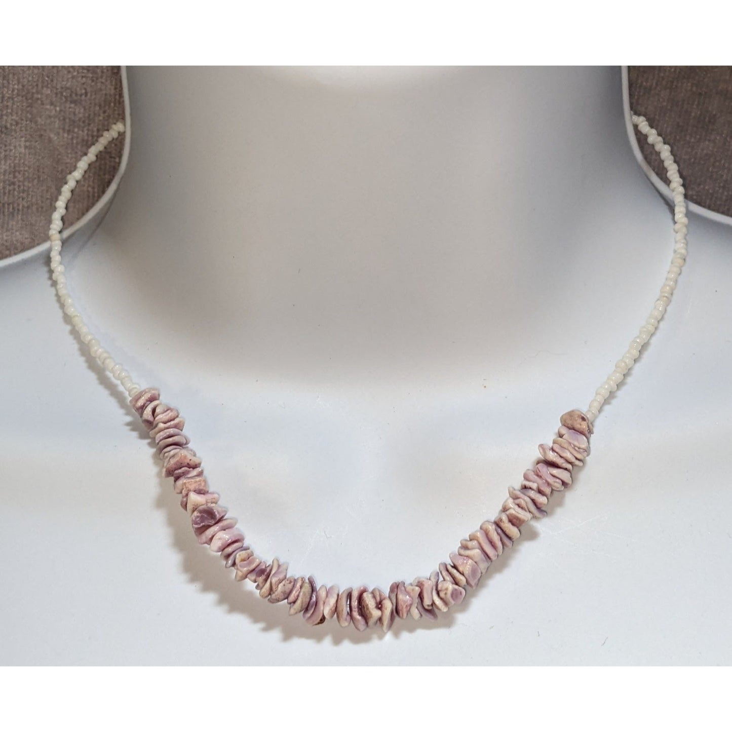 Vintage Purple Shell Beaded Necklace White Seed Bead Choker Beach Boho Coastal Jewelry