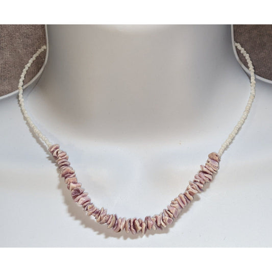 Vintage Purple Shell Beaded Necklace White Seed Bead Choker Beach Boho Coastal Jewelry