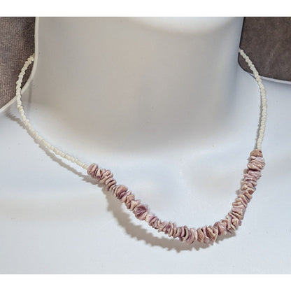 Vintage Purple Shell Beaded Necklace White Seed Bead Choker Beach Boho Coastal Jewelry