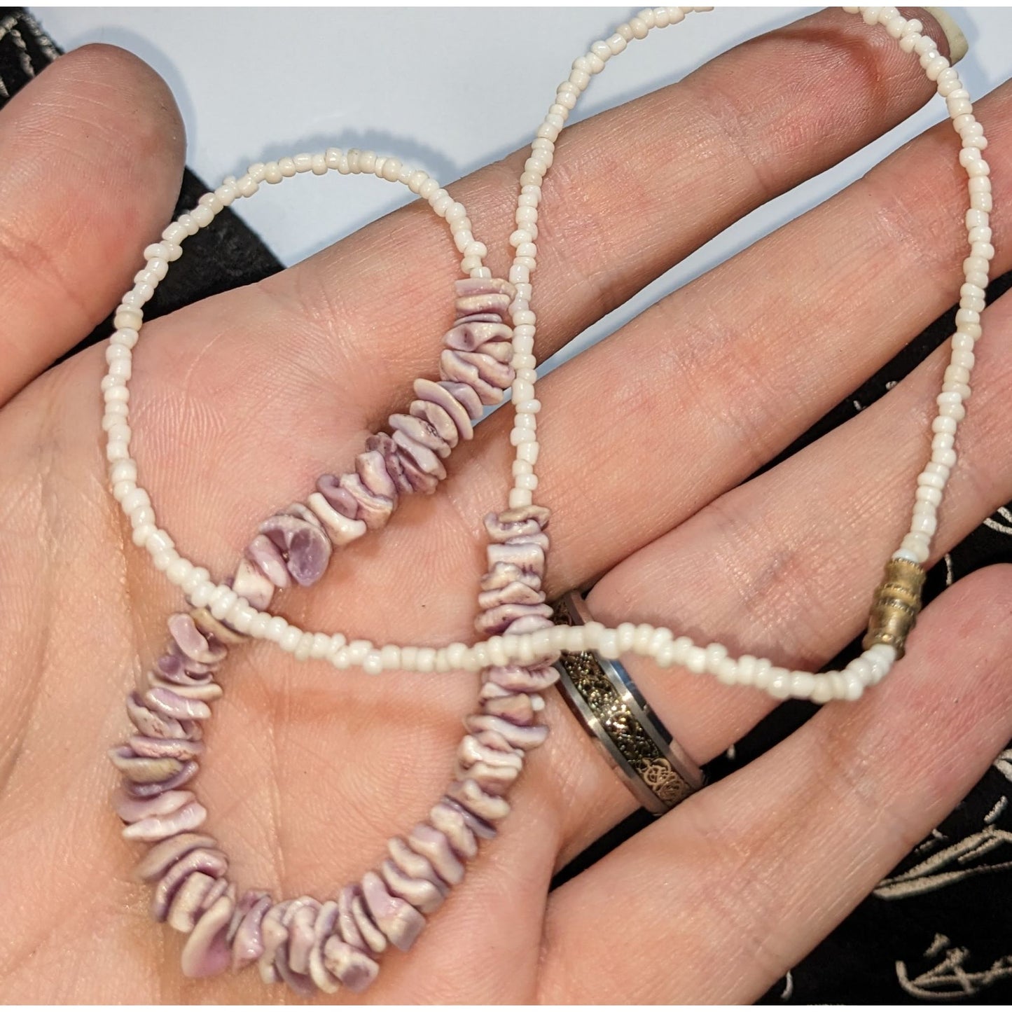 Vintage Purple Shell Beaded Necklace White Seed Bead Choker Beach Boho Coastal Jewelry