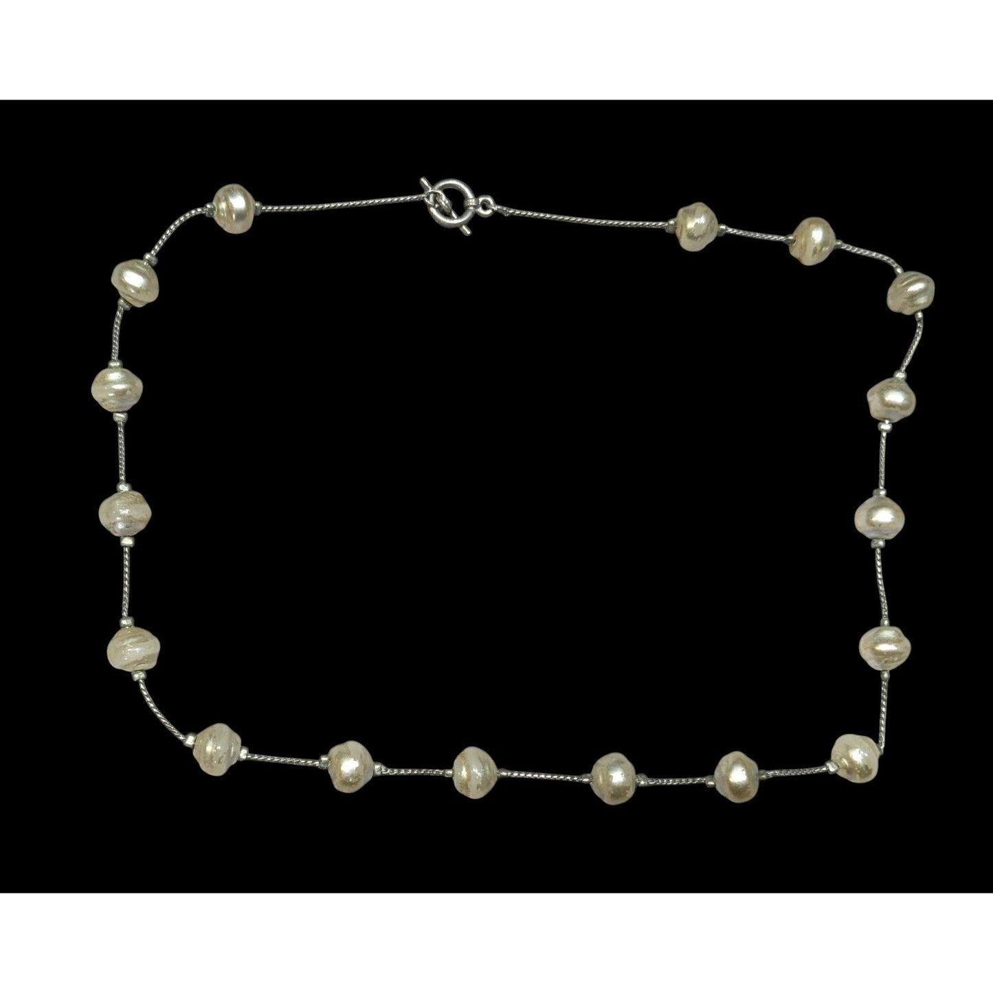 Elegant Faux Pearl Station Necklace On Silver Tone Chain
