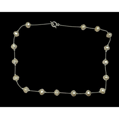 Elegant Faux Pearl Station Necklace On Silver Tone Chain