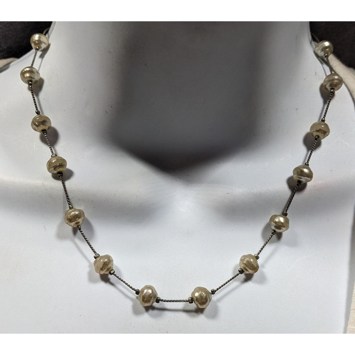 Elegant Faux Pearl Station Necklace On Silver Tone Chain