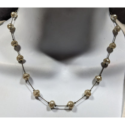 Elegant Faux Pearl Station Necklace On Silver Tone Chain