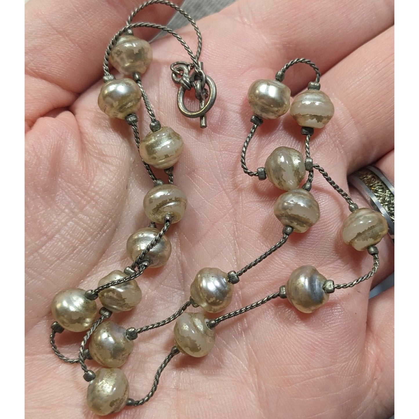 Elegant Faux Pearl Station Necklace On Silver Tone Chain