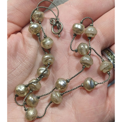 Elegant Faux Pearl Station Necklace On Silver Tone Chain