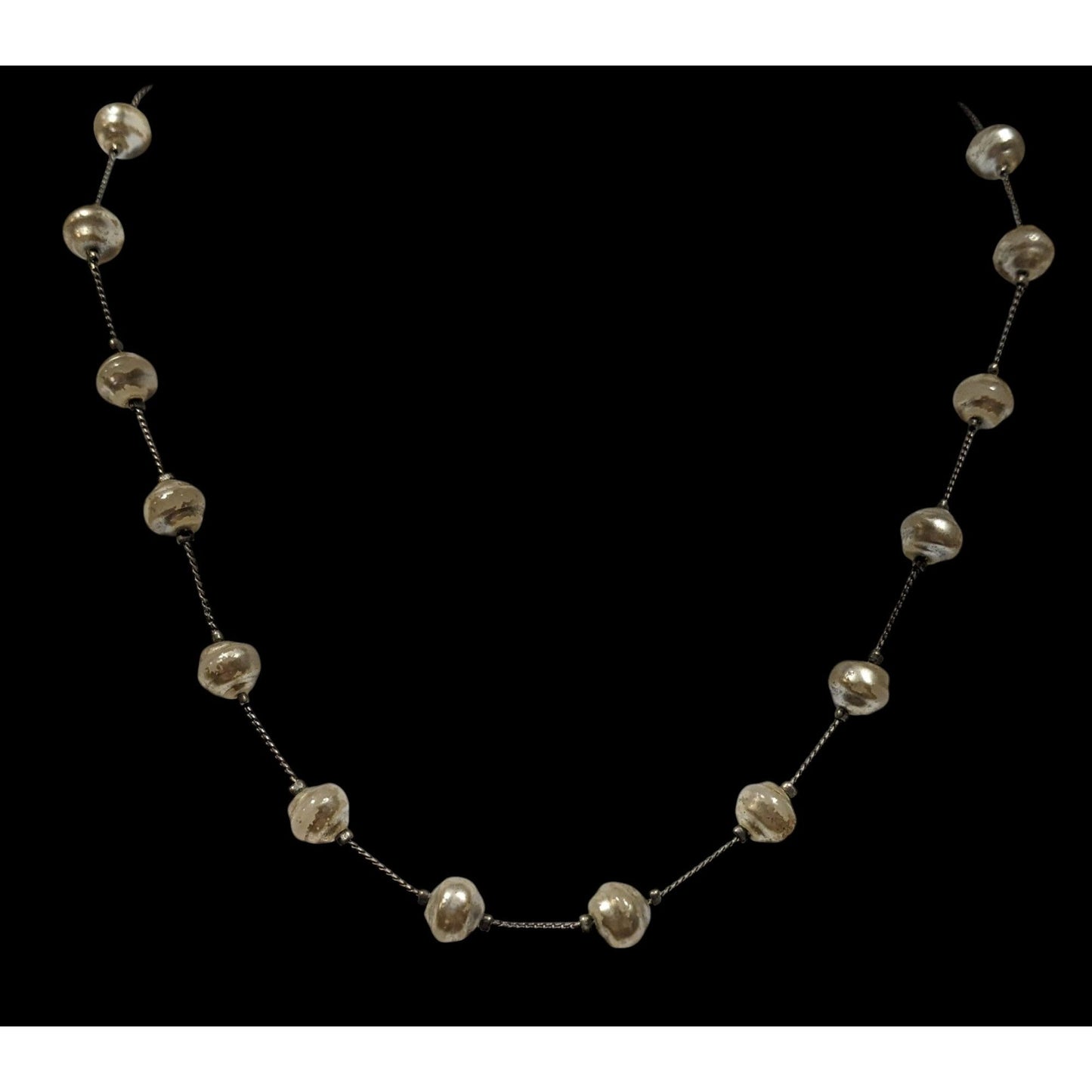 Elegant Faux Pearl Station Necklace On Silver Tone Chain