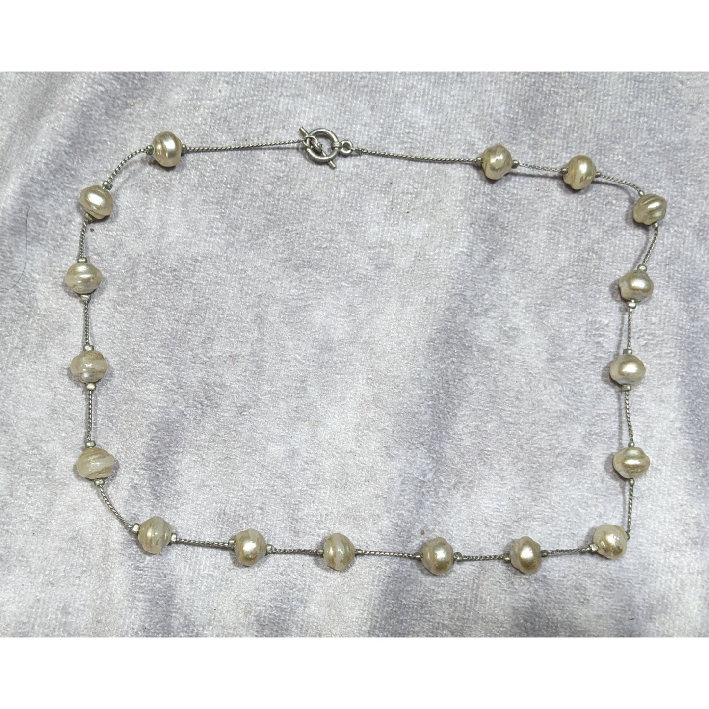 Elegant Faux Pearl Station Necklace On Silver Tone Chain