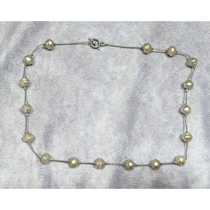 Elegant Faux Pearl Station Necklace On Silver Tone Chain