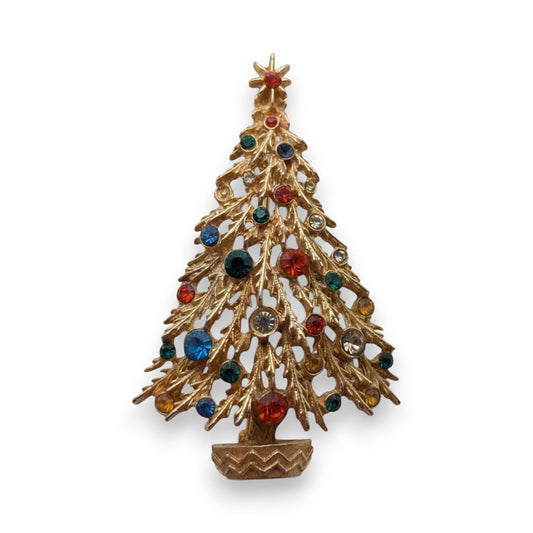 ART Vintage Retro Rhinestone Multicolor Gold Tone Christmas Tree Brooch 2 1/2