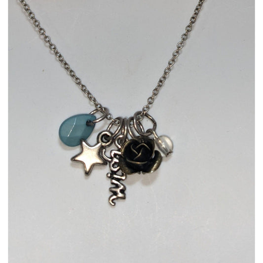 Wish Charm Necklace Silver Star Rose Beaded Pendant Inspirational Layering Jewelry