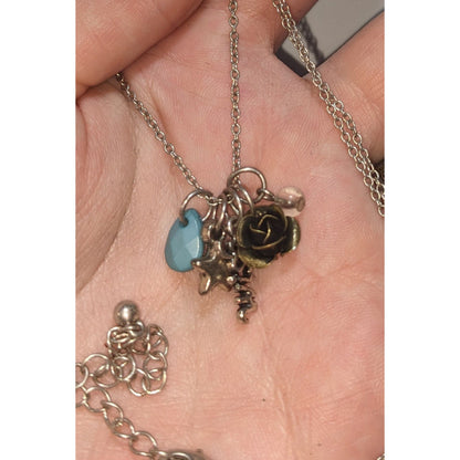Wish Charm Necklace Silver Star Rose Beaded Pendant Inspirational Layering Jewelry