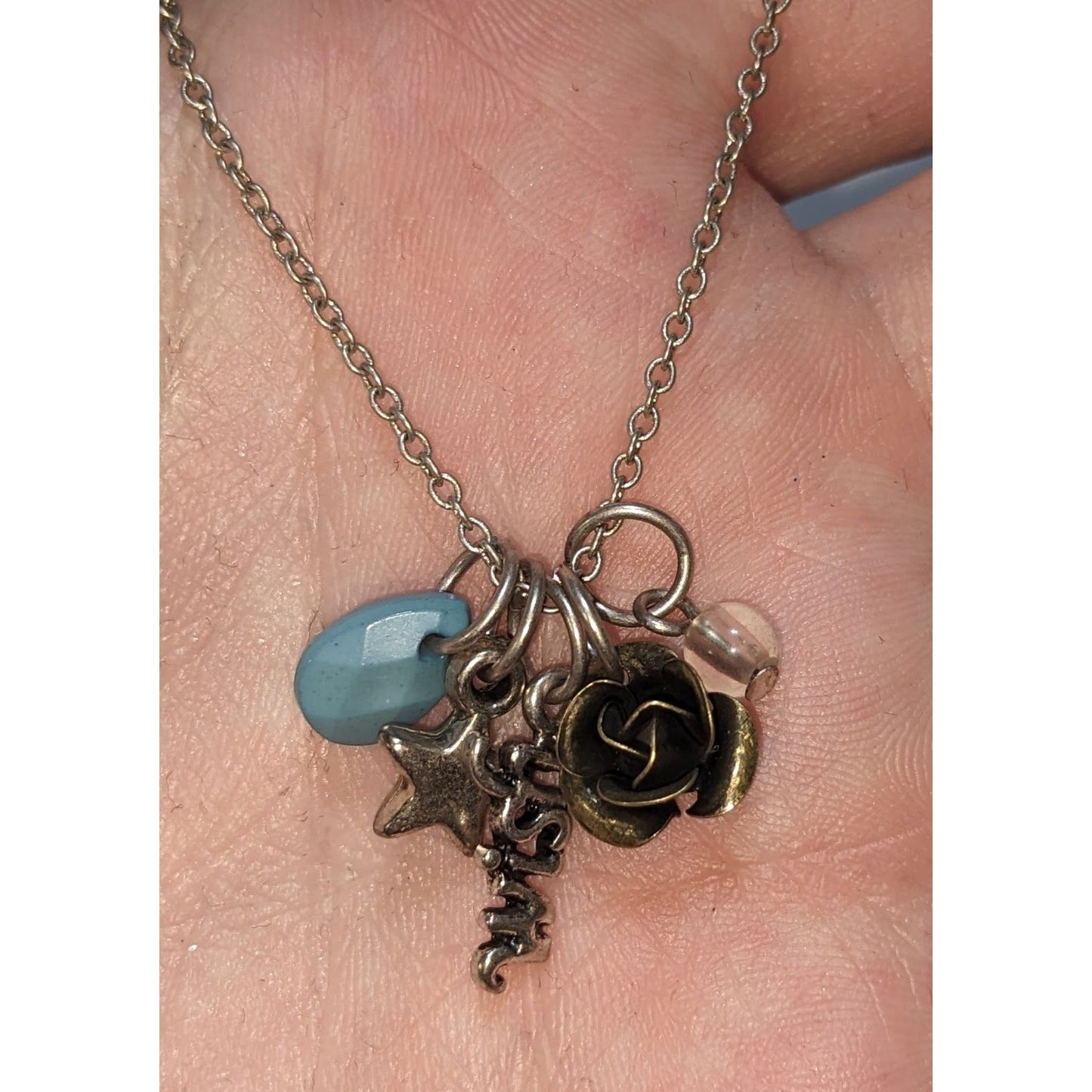 Wish Charm Necklace Silver Star Rose Beaded Pendant Inspirational Layering Jewelry