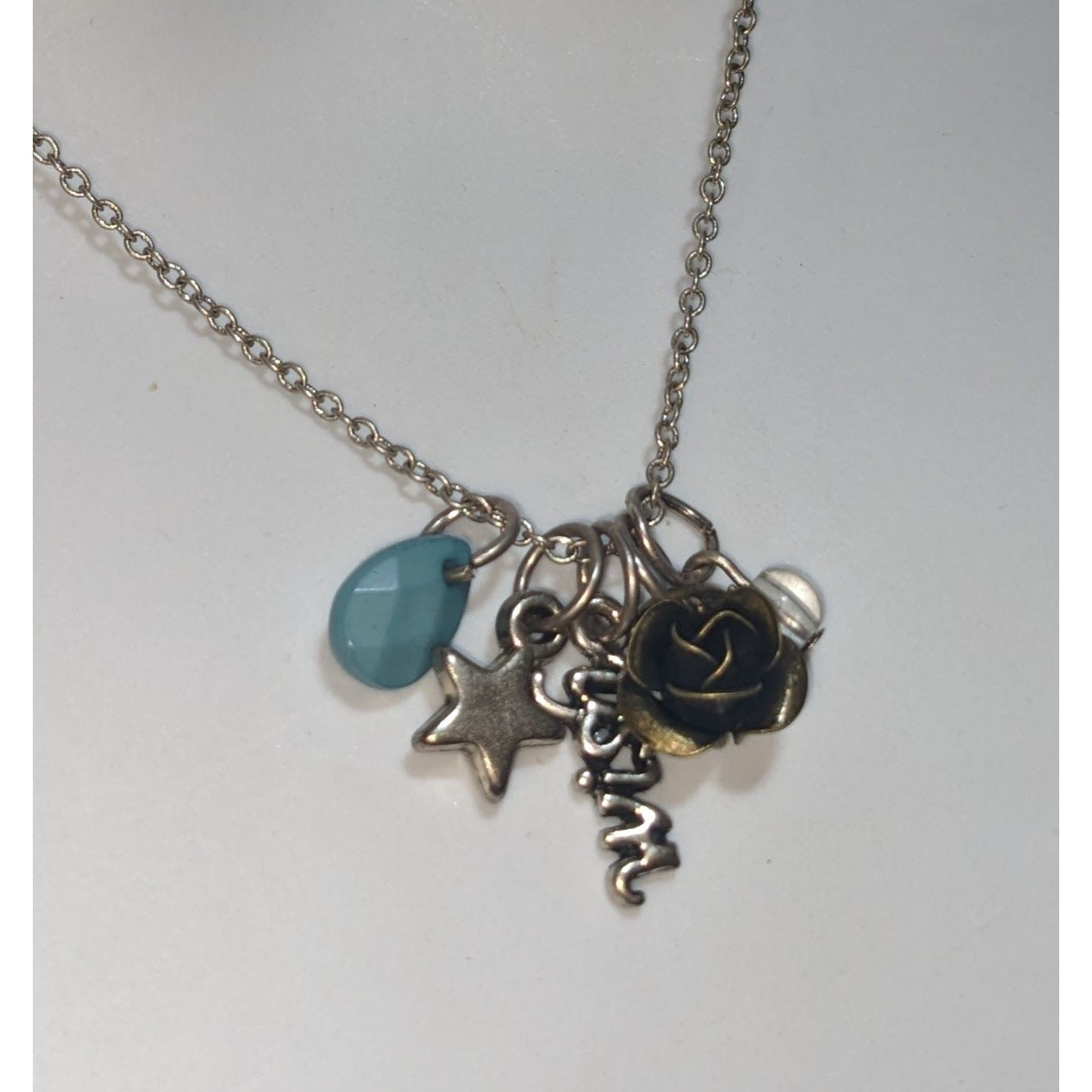 Wish Charm Necklace Silver Star Rose Beaded Pendant Inspirational Layering Jewelry