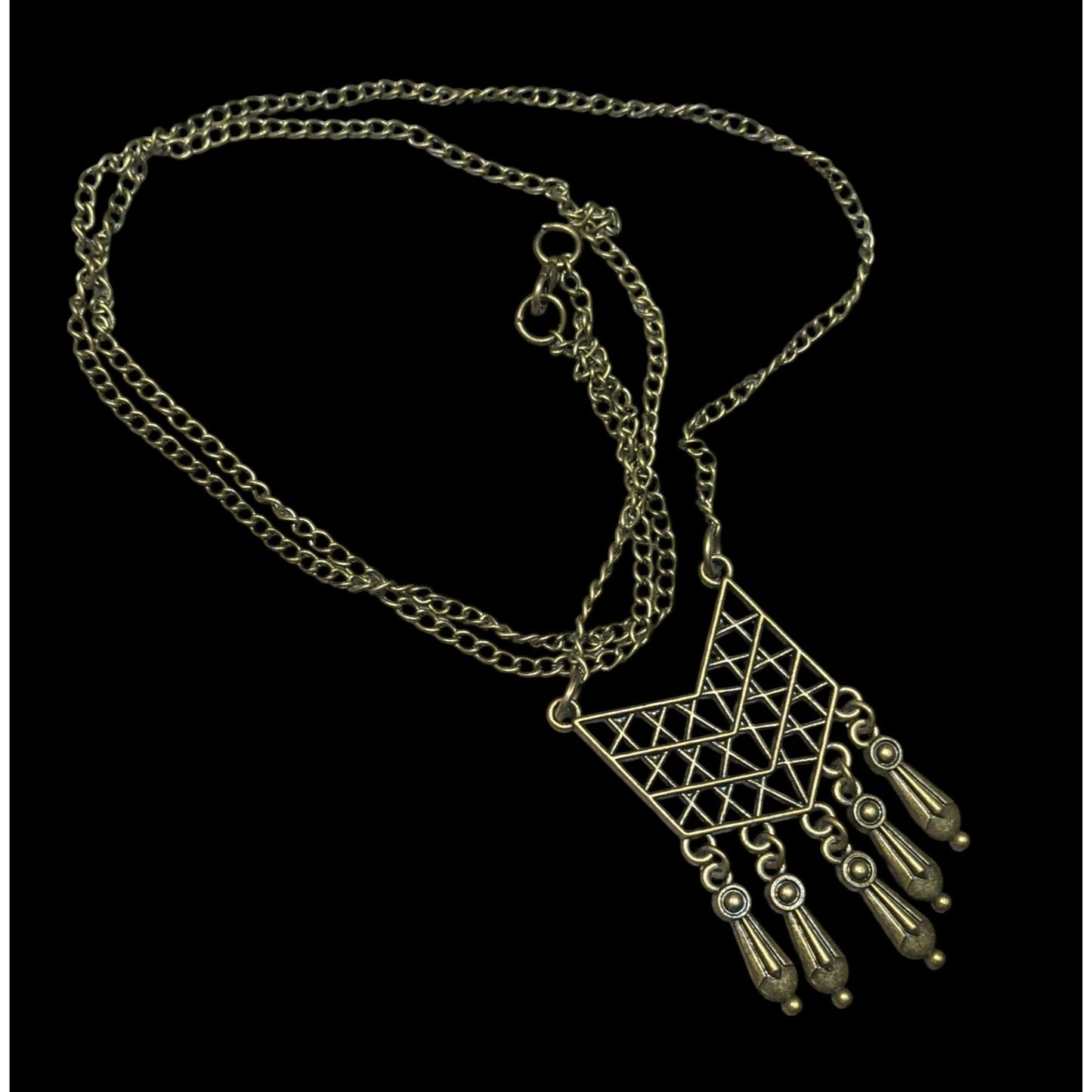 Bohemian Geometric Antiqued Gold Tone Fringe Pendant Necklace