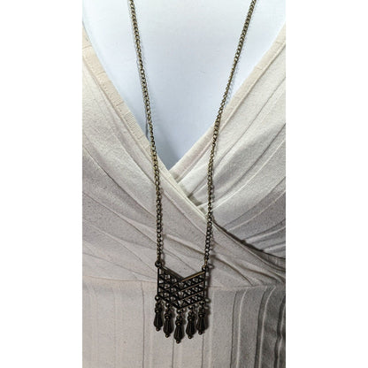 Bohemian Geometric Antiqued Gold Tone Fringe Pendant Necklace