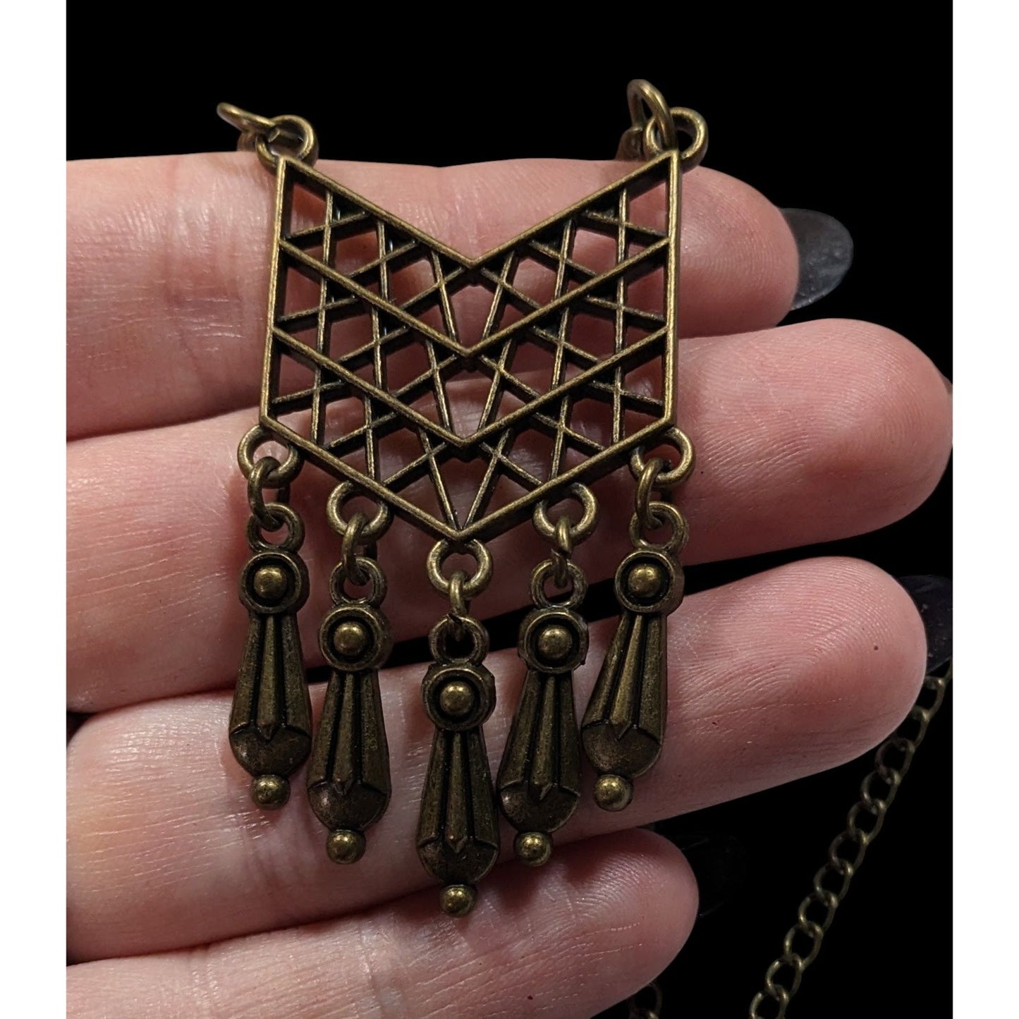 Bohemian Geometric Antiqued Gold Tone Fringe Pendant Necklace