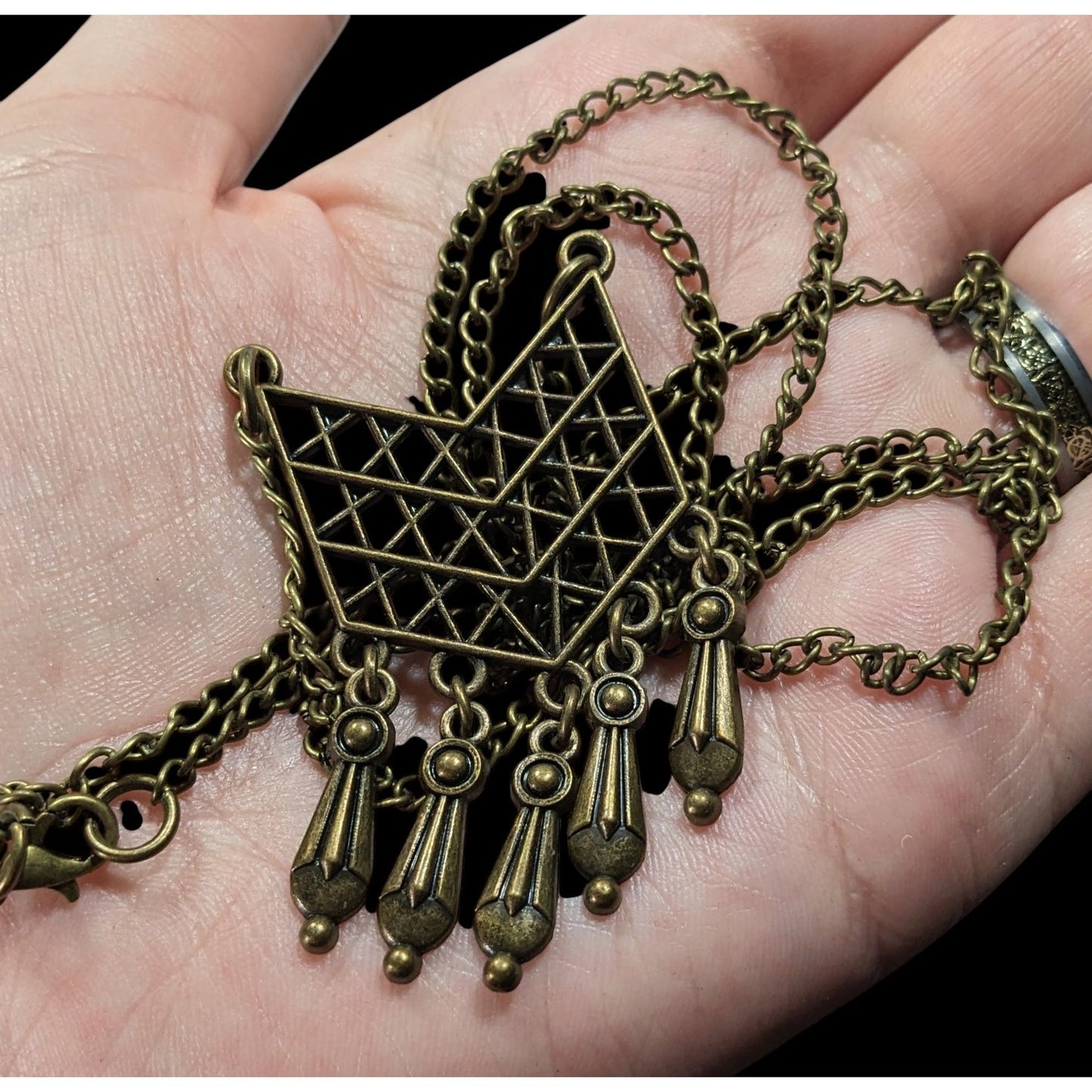 Bohemian Geometric Antiqued Gold Tone Fringe Pendant Necklace