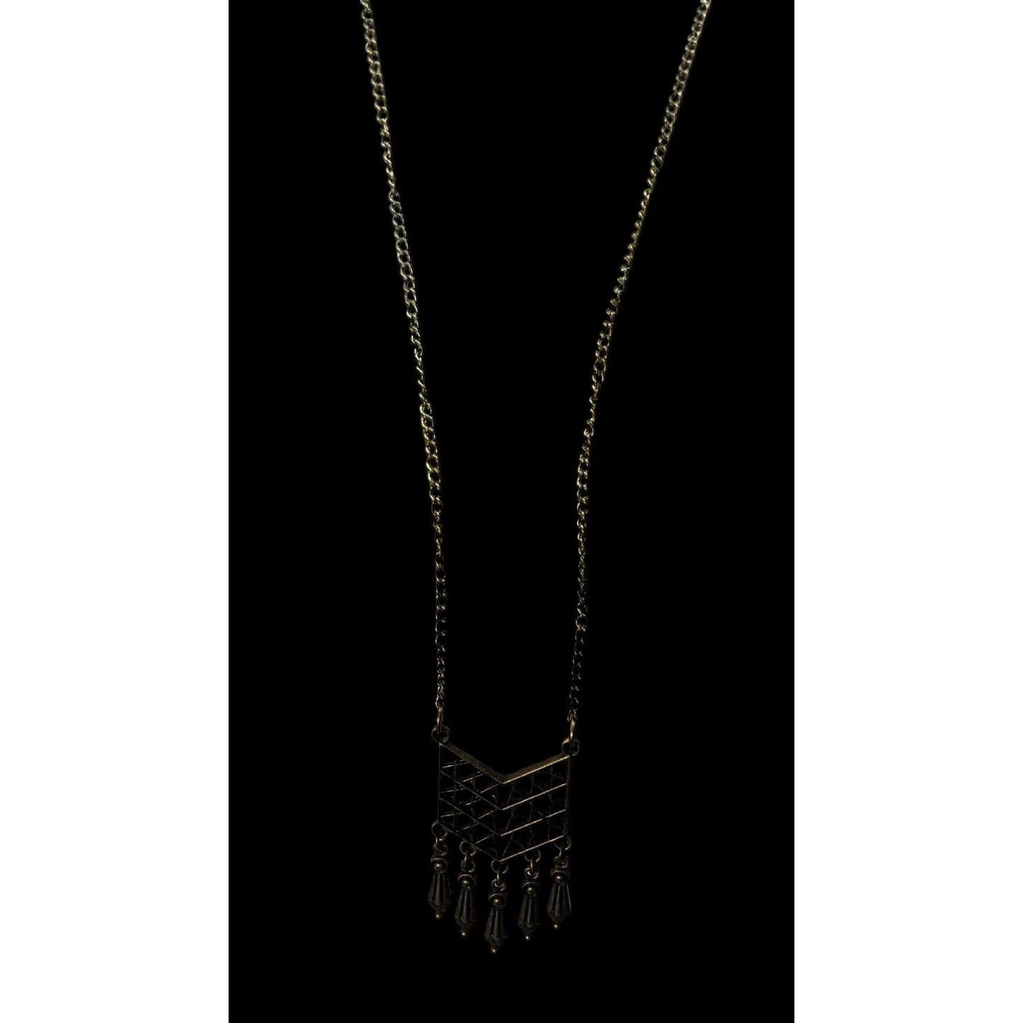 Bohemian Geometric Antiqued Gold Tone Fringe Pendant Necklace