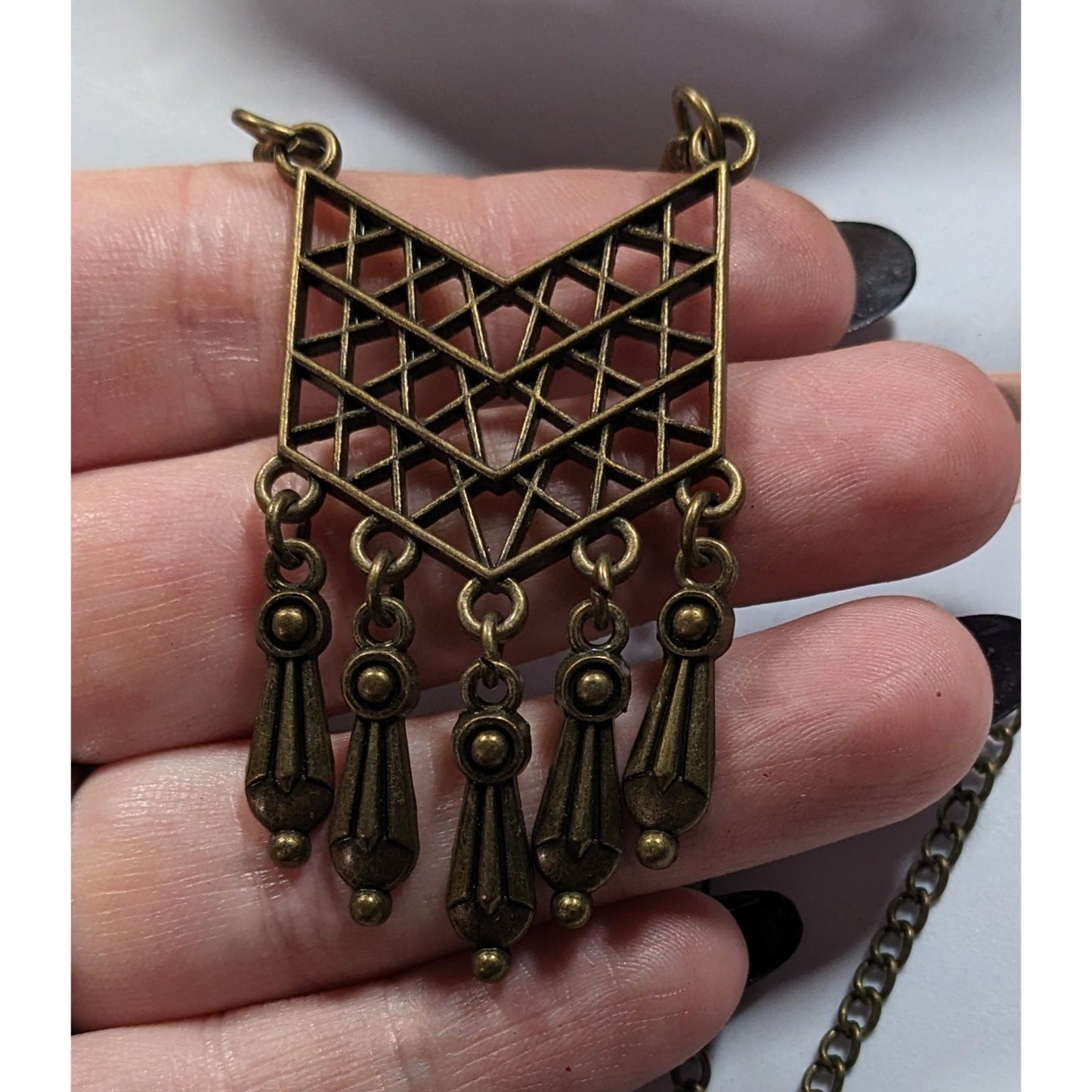Bohemian Geometric Antiqued Gold Tone Fringe Pendant Necklace
