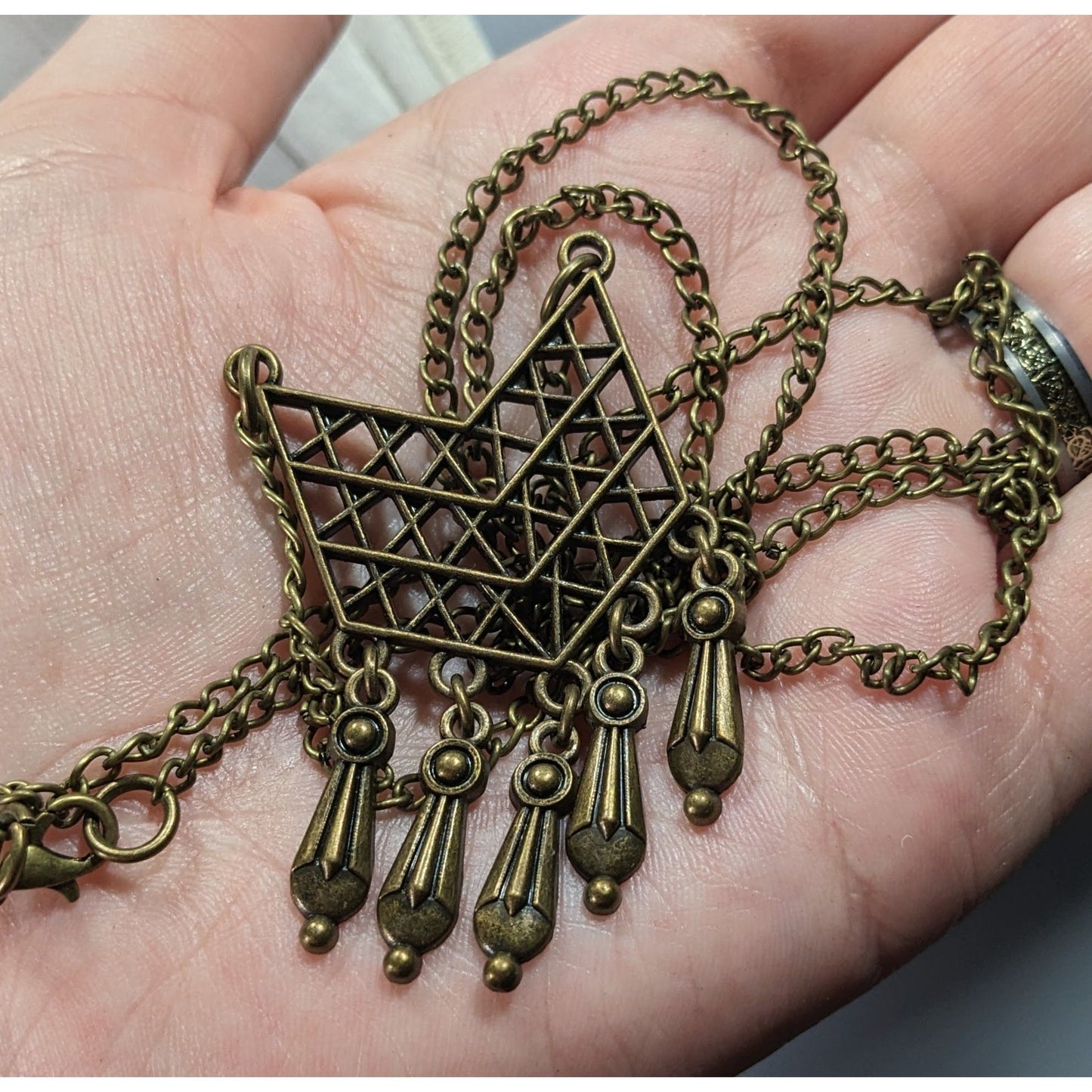 Bohemian Geometric Antiqued Gold Tone Fringe Pendant Necklace