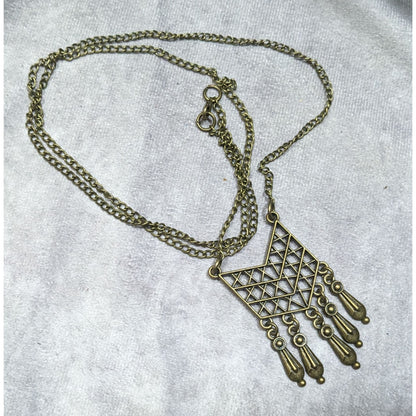 Bohemian Geometric Antiqued Gold Tone Fringe Pendant Necklace
