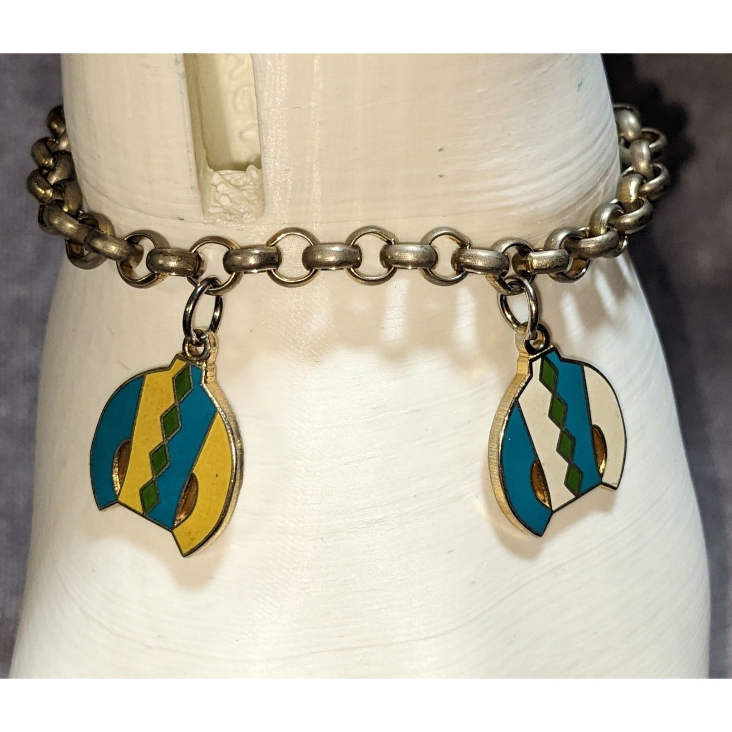 Vintage Retro Mod Blue Moon Enamel Sweater Charm Chain Bracelet