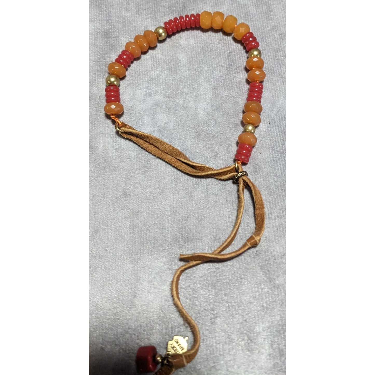 Boho Western Lucky Brand Orange Red Beaded Leather Tie Bracelet