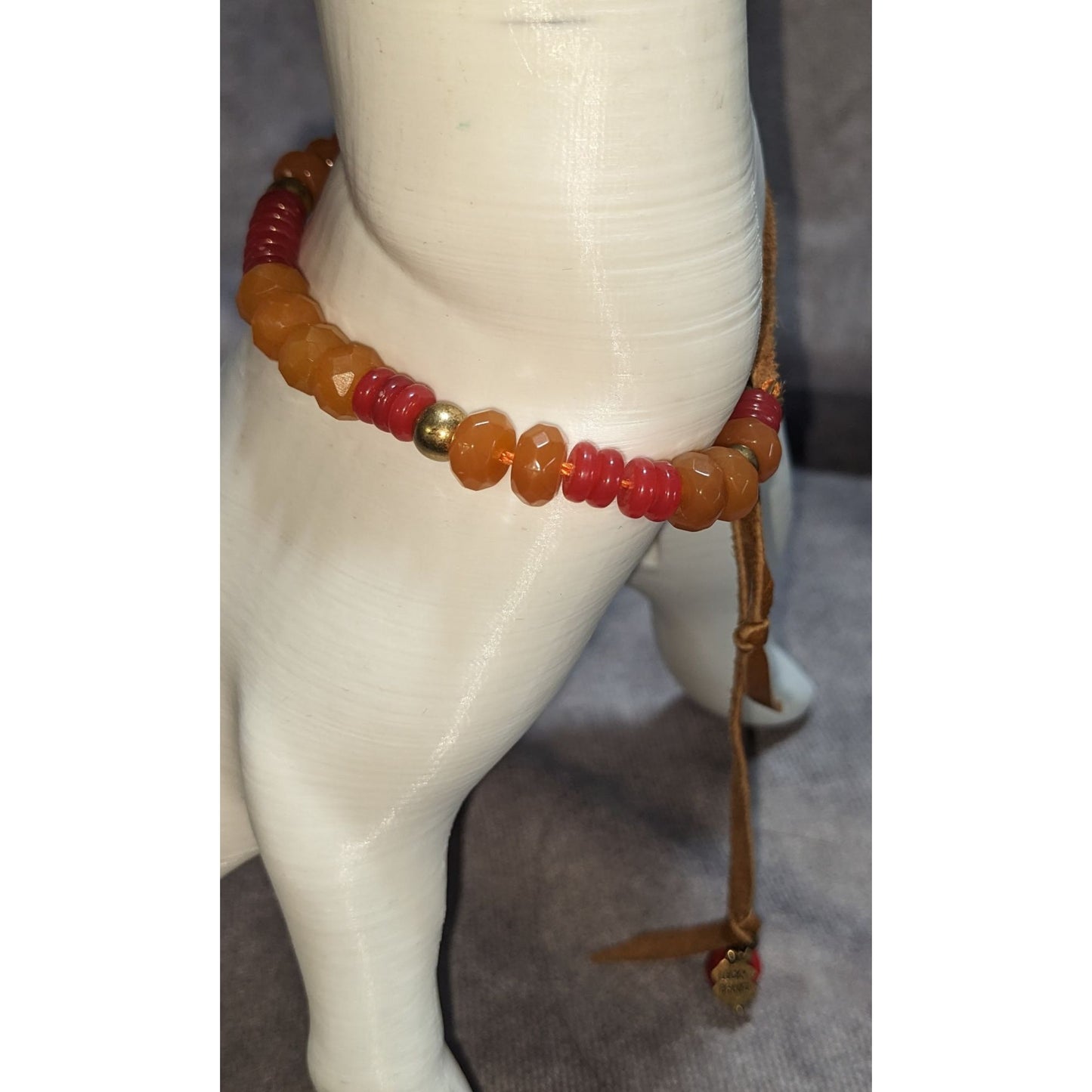 Boho Western Lucky Brand Orange Red Beaded Leather Tie Bracelet