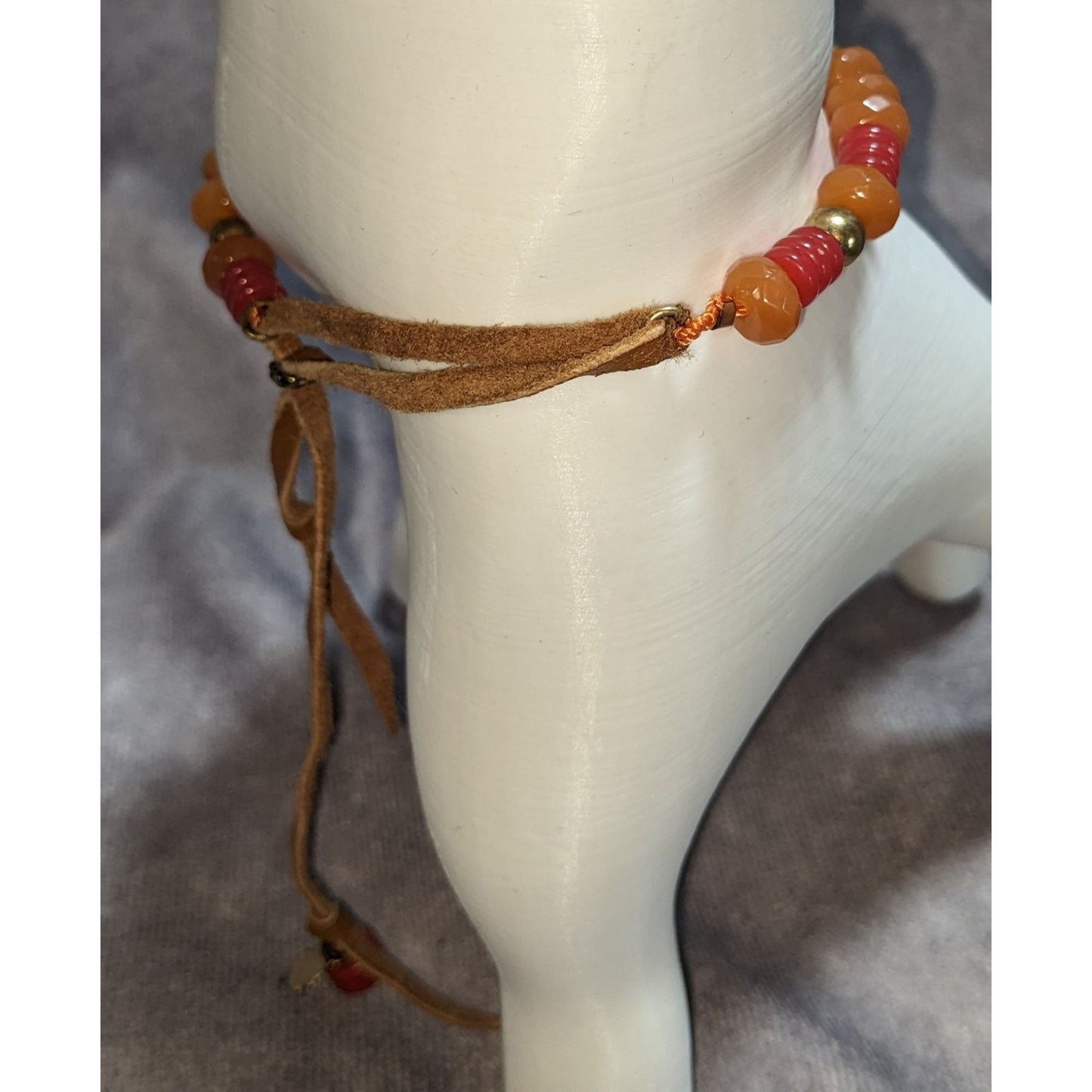 Boho Western Lucky Brand Orange Red Beaded Leather Tie Bracelet
