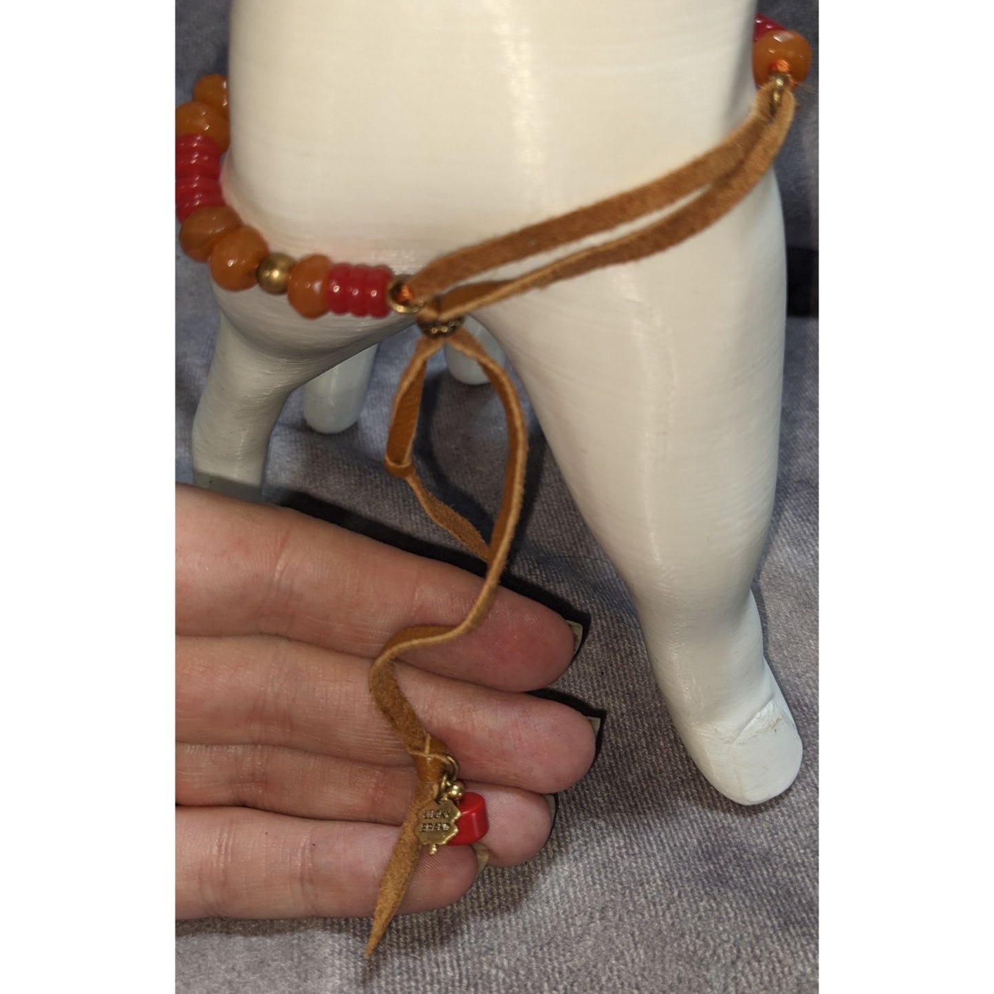 Boho Western Lucky Brand Orange Red Beaded Leather Tie Bracelet